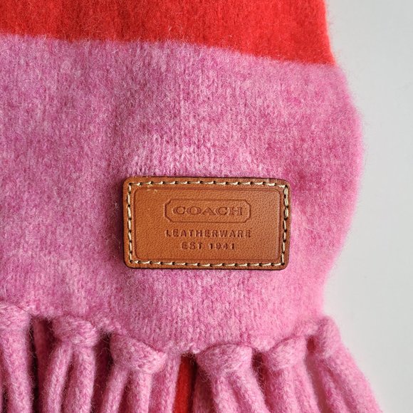 Coach Leatherware Fringed Wool Scarf in Pink and Red Stripes - Picture 5 of 5